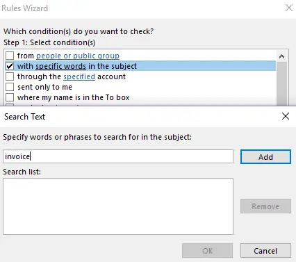 Image: Outlook Rules Wizard: Editing the rule condition