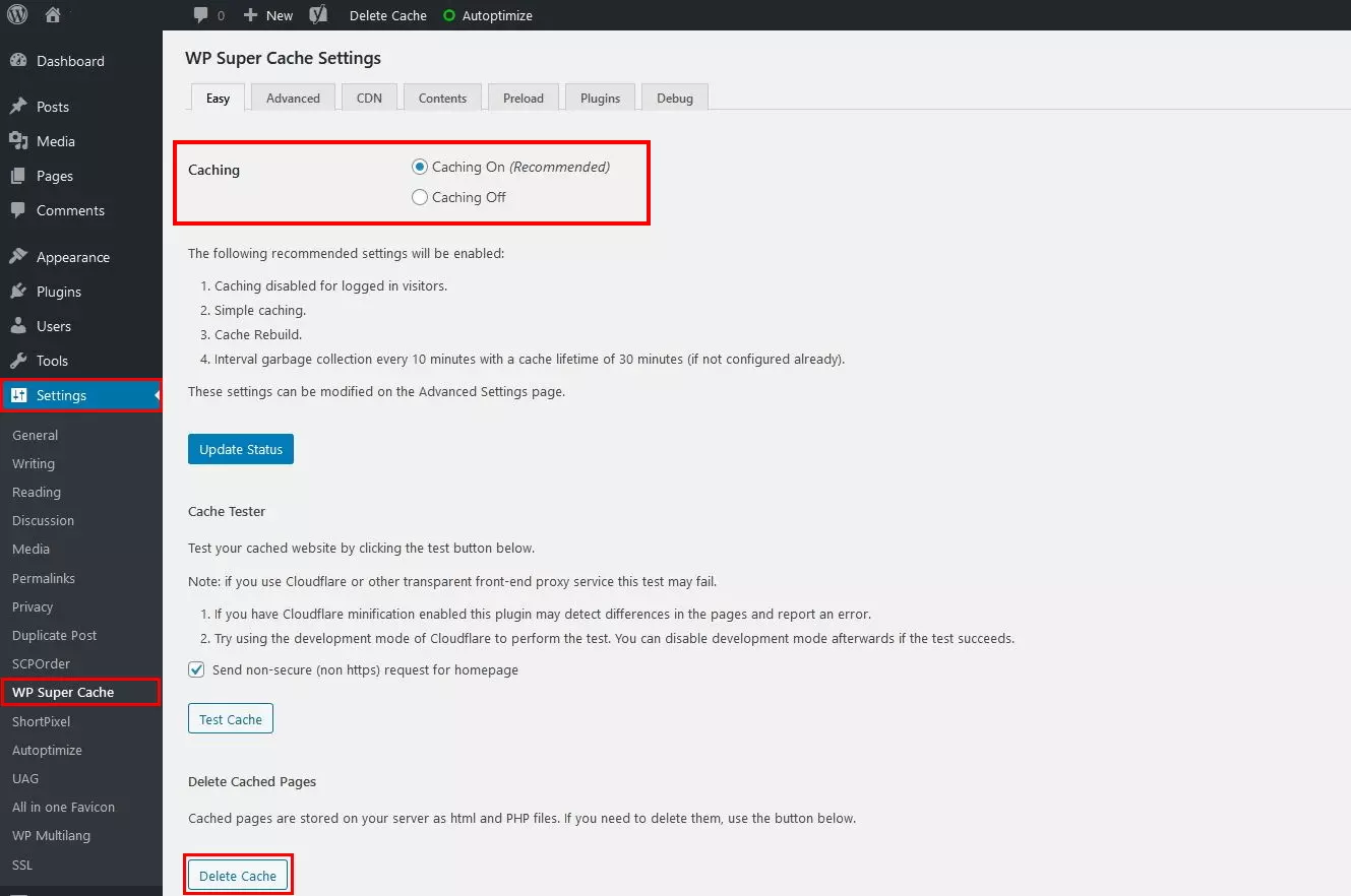 Image: WP Super Cache settings with button for clearing the WordPress cache