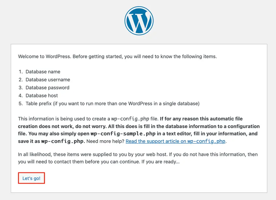 Image: Screenshot of the WordPress installation prompt