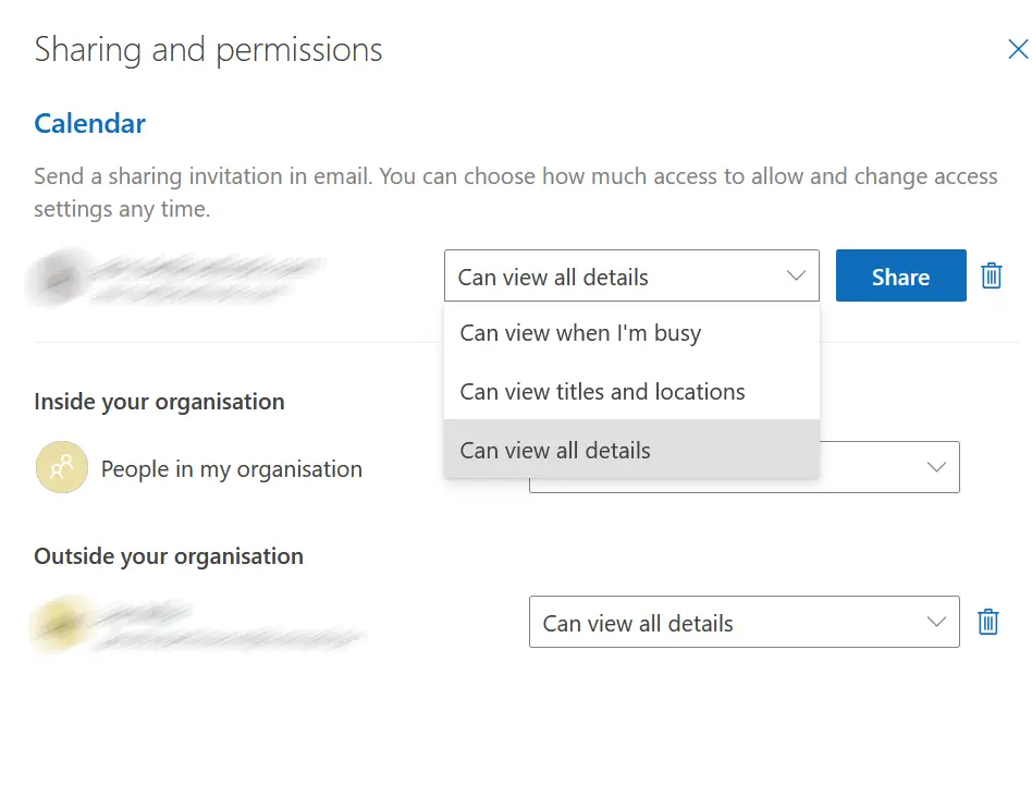 Image: Outlook on the web: Authorisation settings for sharing a calendar