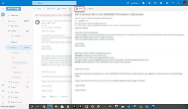 Image: Email preview before clicking on the ‘Print’ option