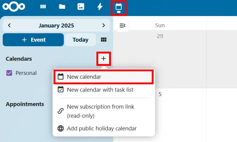 Create a new calendar in Nextcloud Image: Create a new calendar in Nextcloud