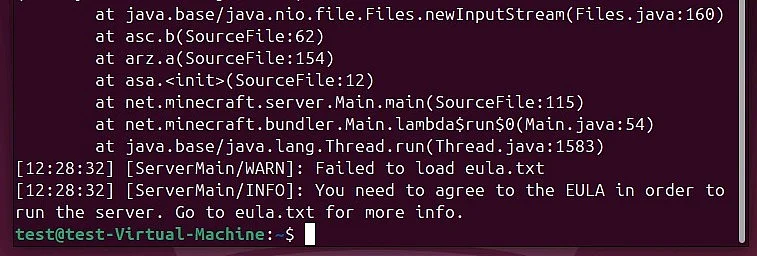 Minecraft server on Linux showing an error on first start Image: Minecraft server on Linux showing an error on first start