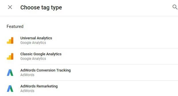 Image: Selection of tag types in Google Tag Manager