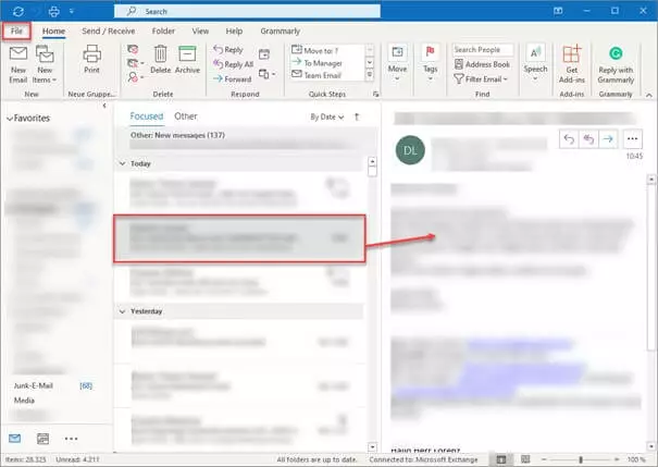 Image: Outlook ‘File’ tab and the email selected for printing