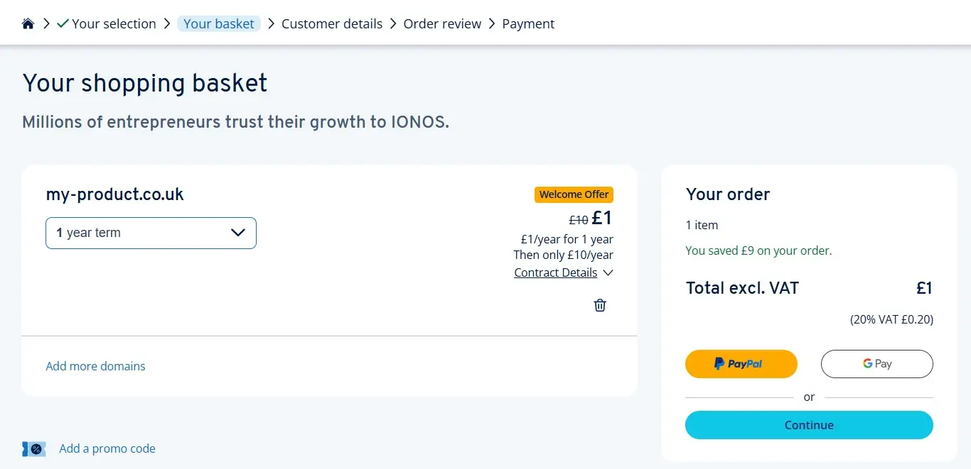 Screenshot of the shopping basket at IONOS Image: Screenshot of the shopping basket at IONOS