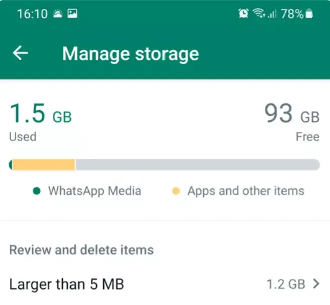 Screenshot of the ‘Manage storage’ section on WhatsApp Image: Screenshot of the ‘Manage storage’ section on WhatsApp