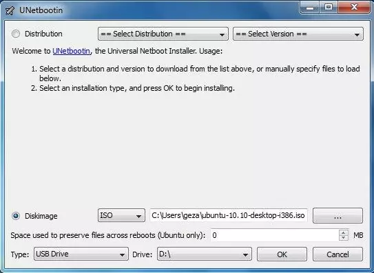 Image: UNetbootin user interface