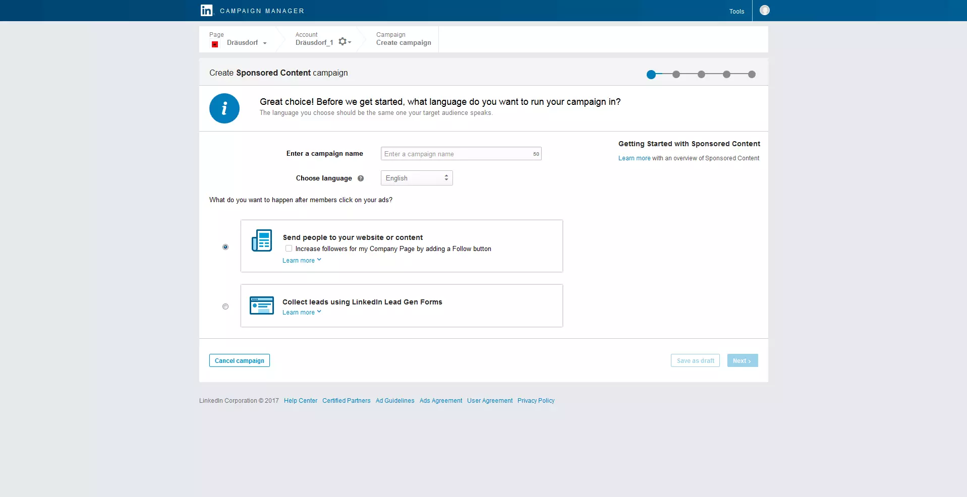 Menu for the creation of sponsored content campaigns on LinkedIn
