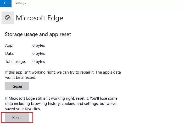 Resetting Microsoft Edge