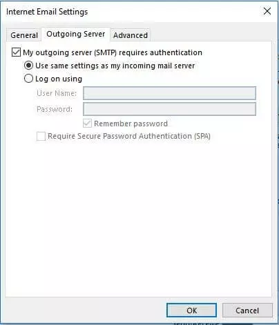 Image: Outgoing server settings in Outlook 2013