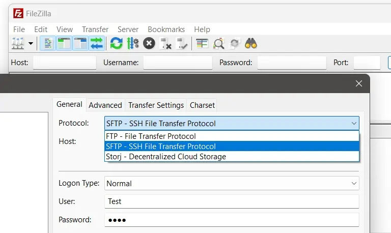 Select SFTP in the FileZilla Server Manager Image: Select SFTP in the FileZilla Server Manager