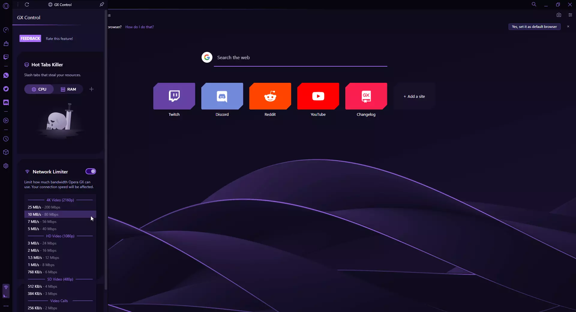 The GX Control window in the Opera GX gaming browser