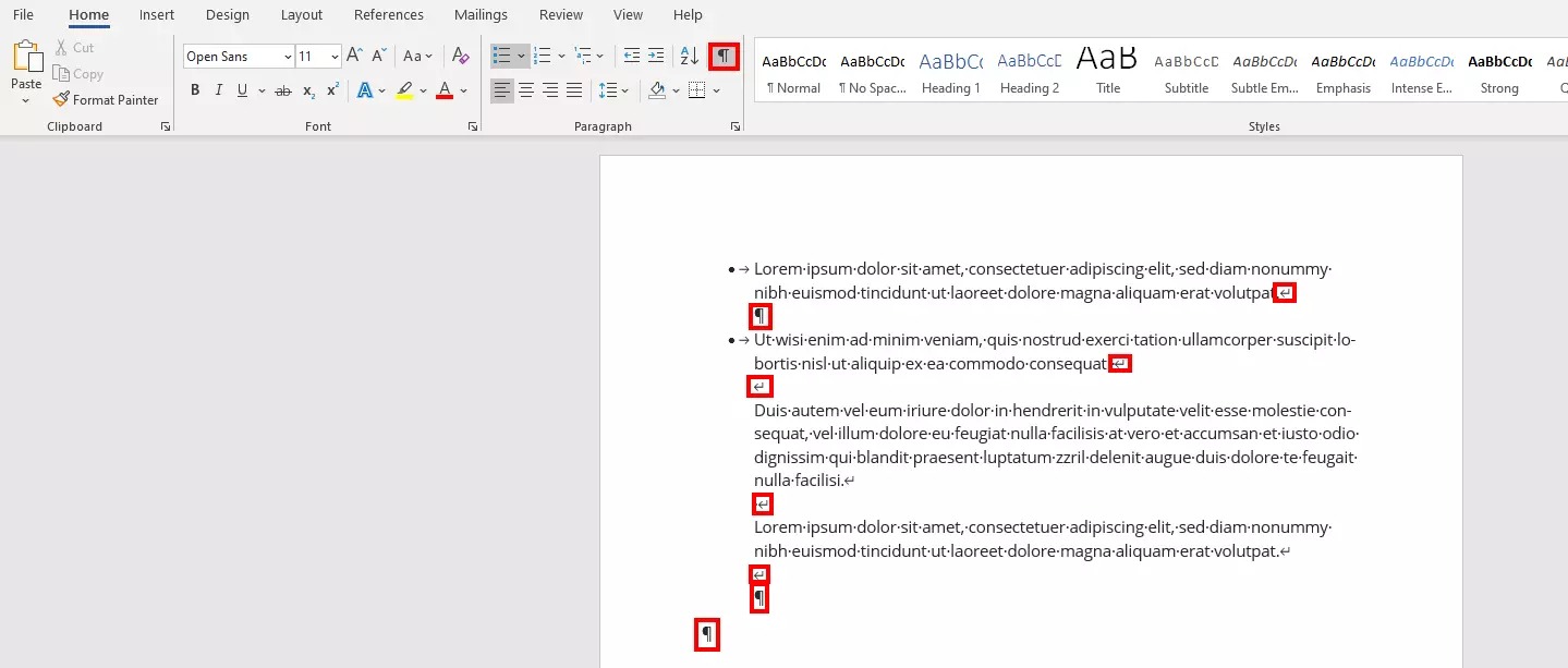Word line break: paragraph formatting characters