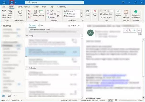 Image: ‘Print’ icon in Outlook’s blue menu bar