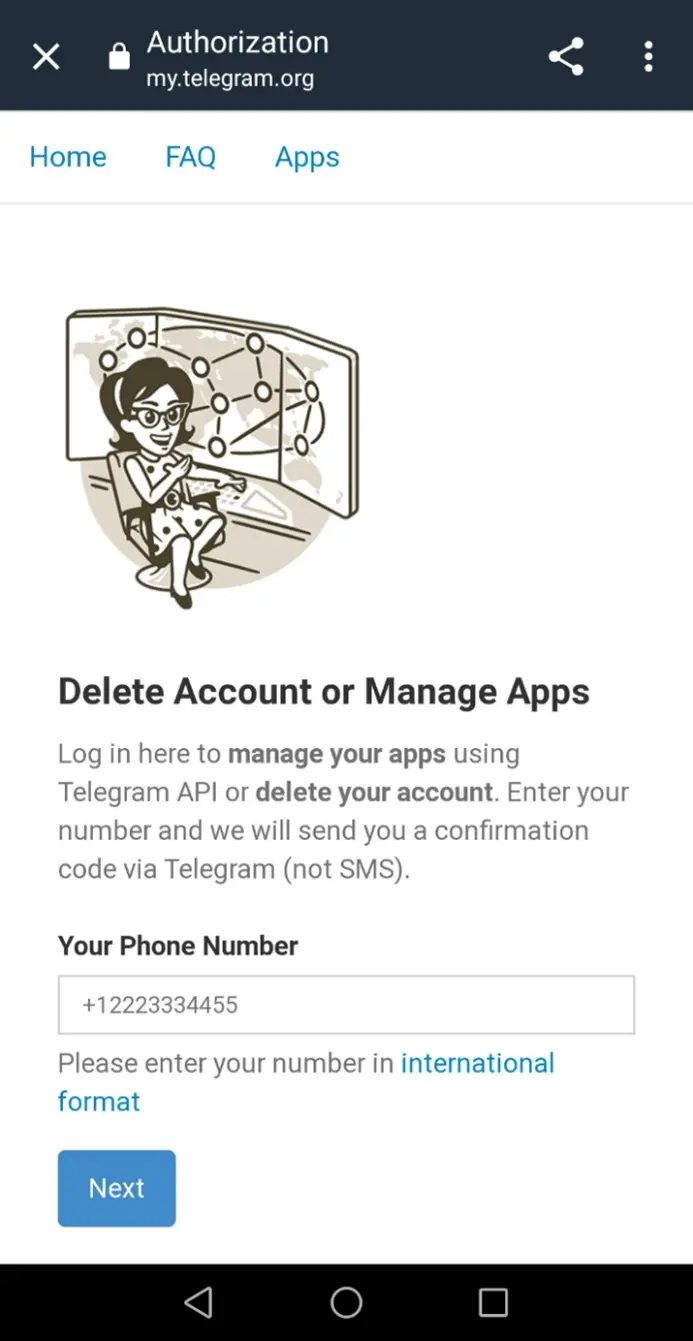 Image: Telegram page for deleting your account