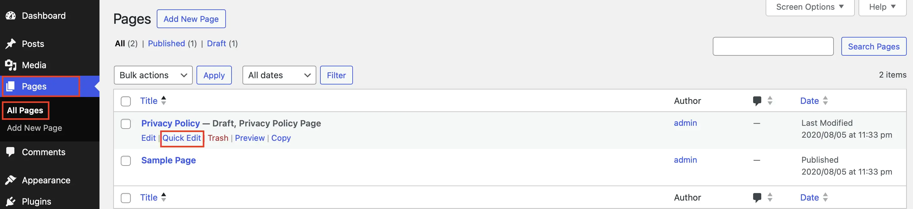 ‘All Pages’ screen in the WordPress backend with the ‘Quick Edit’ button outlined in red Image: ‘All Pages’ screen in the WordPress backend with the ‘Quick Edit’ button outlined in red
