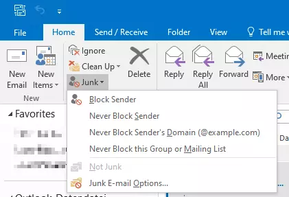 Image: ‘Junk’ in Outlook menu