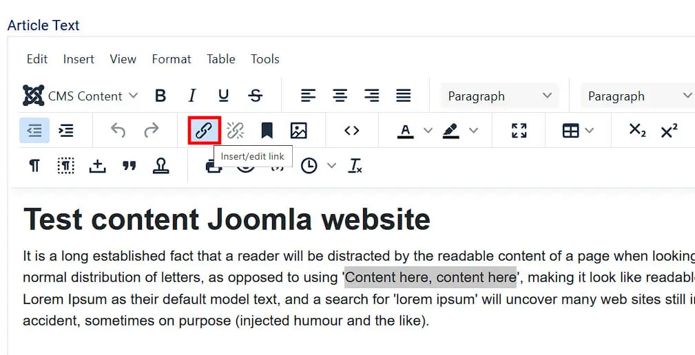 Joomla: Option ‘Insert/edit link’ Image: Joomla: Option ‘Insert/edit link’