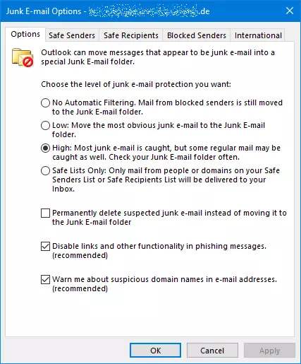 Image: Junk email options in Outlook