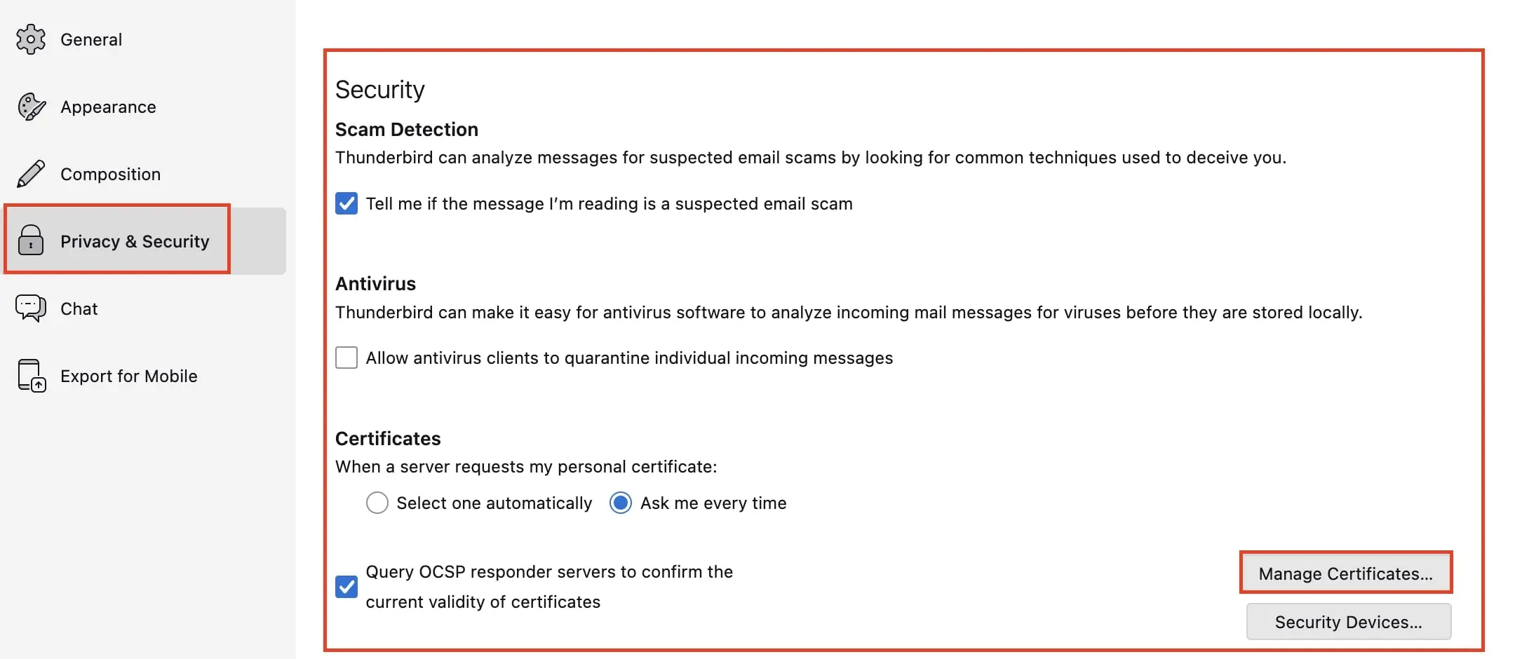 Image: Privacy & Security settings in Thunderbird