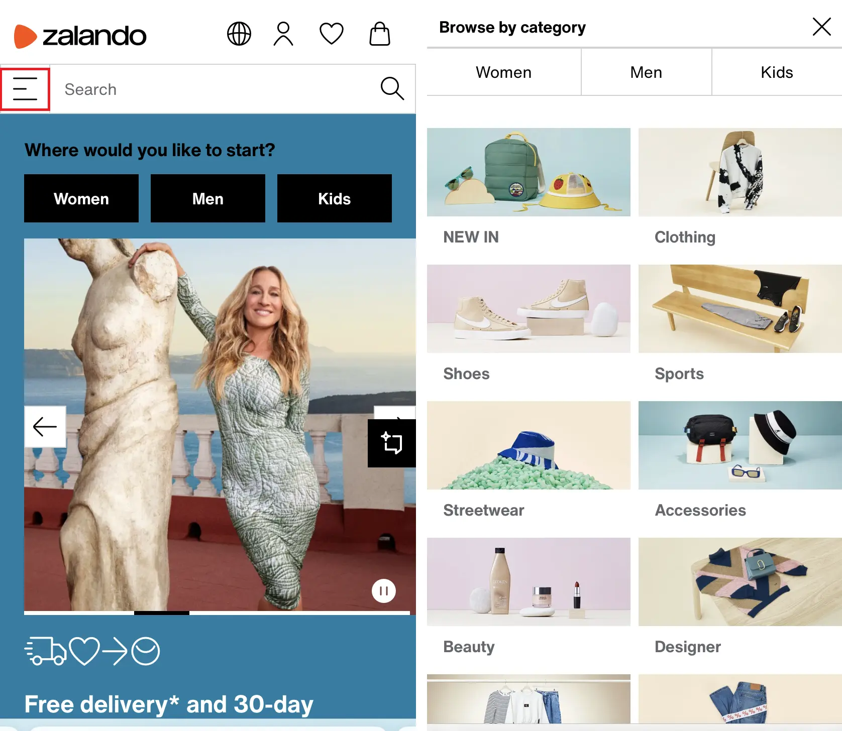Grid navigation in the Zalando shop Image: Grid navigation in the Zalando shop
