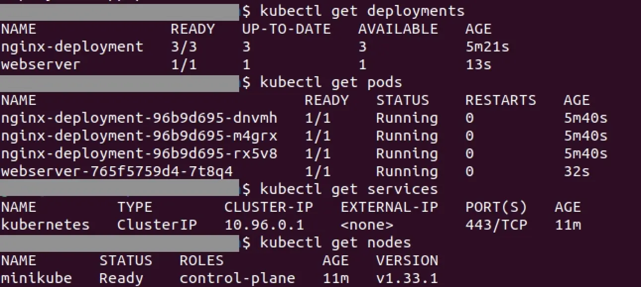 Terminal with various Kubernetes commands and outputs Image: Terminal with various Kubernetes commands and outputs