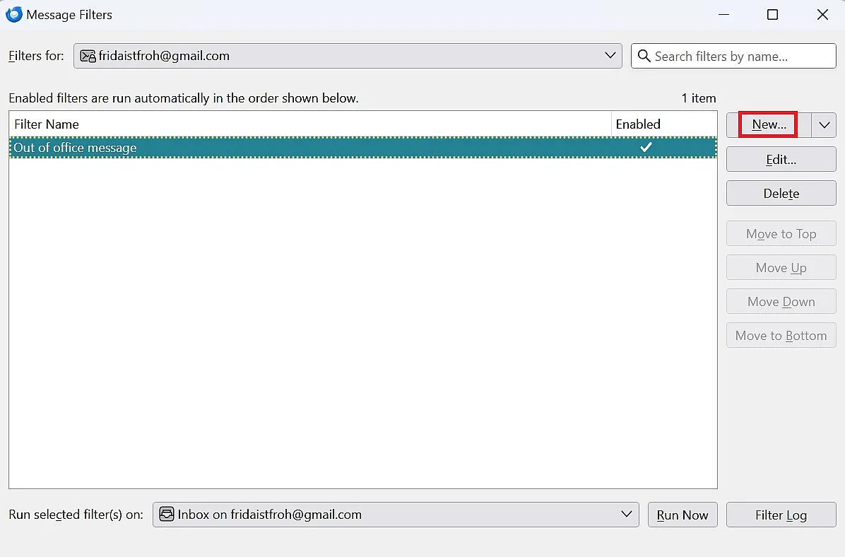 Set up Thunderbird out-of-office: Configure a new filter Image: Set up Thunderbird out-of-office: Configure a new filter