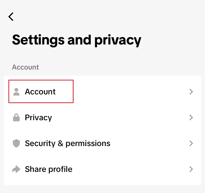 Image: TikTok menu: ‘Account’ option in the ‘Settings and privacy’ menu