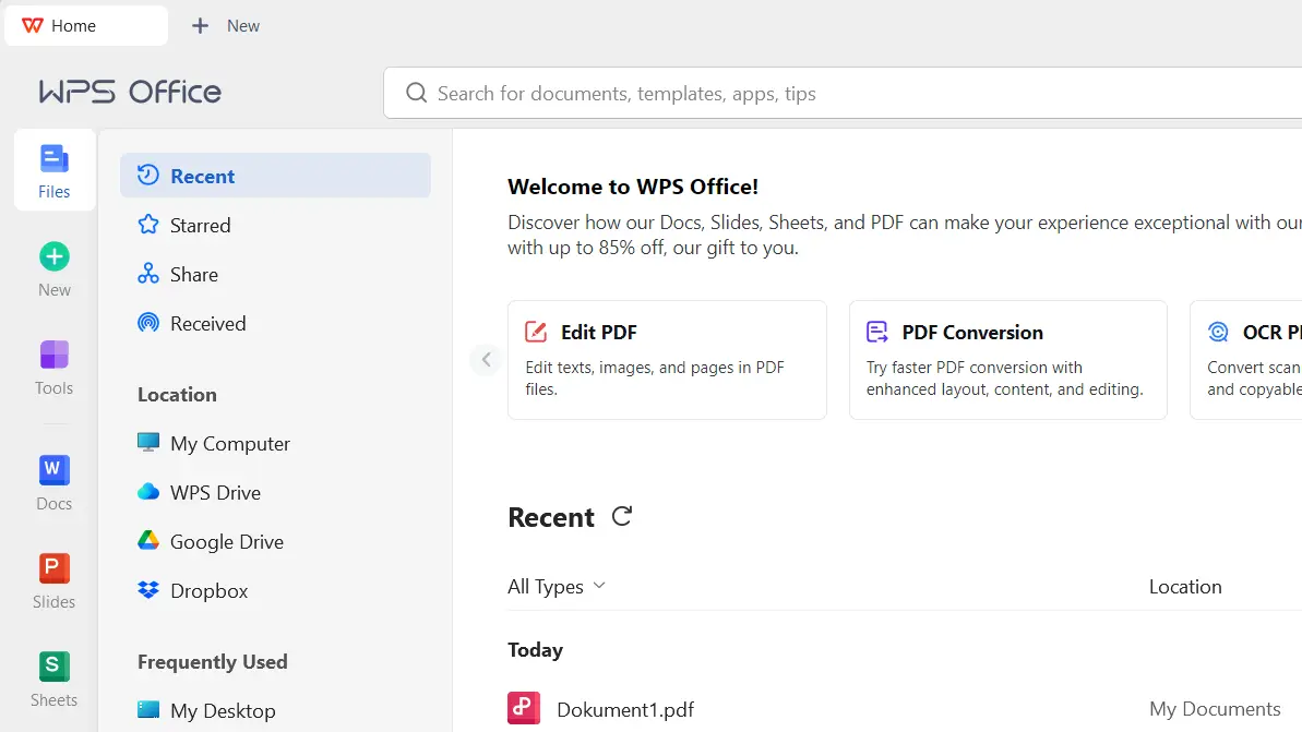 Start menu of WPS Office Image: Start menu of WPS Office