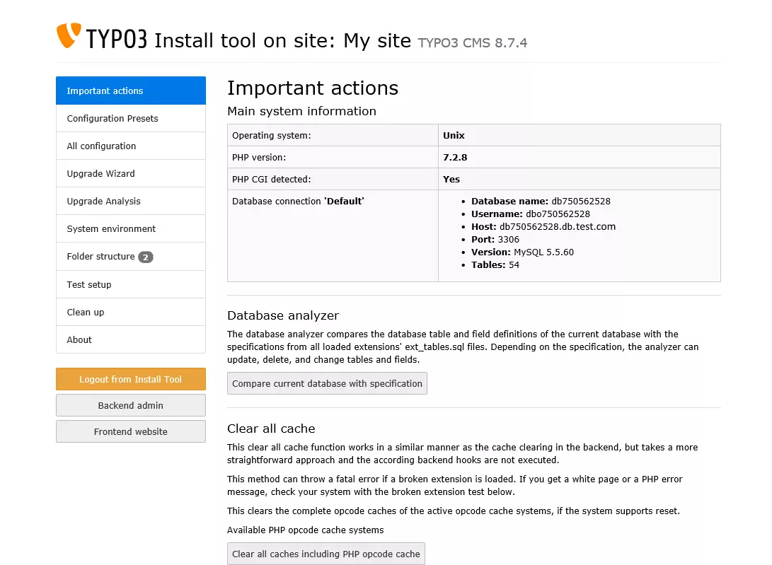 Image: Overview of system information in the installation wizard and buttons that lead to the backend for developers and to the frontend for editors.
