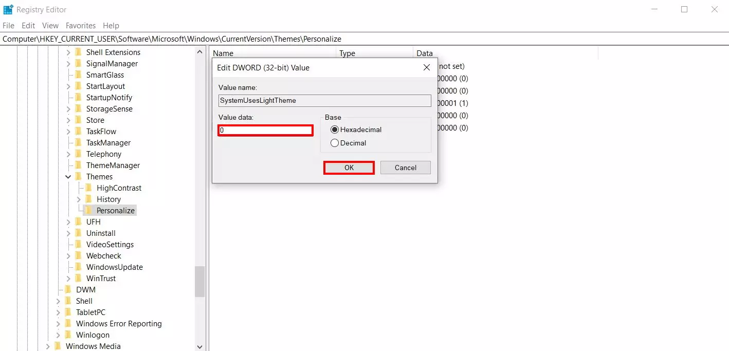 Image: Registry editor: Activating Windows 10 dark mode