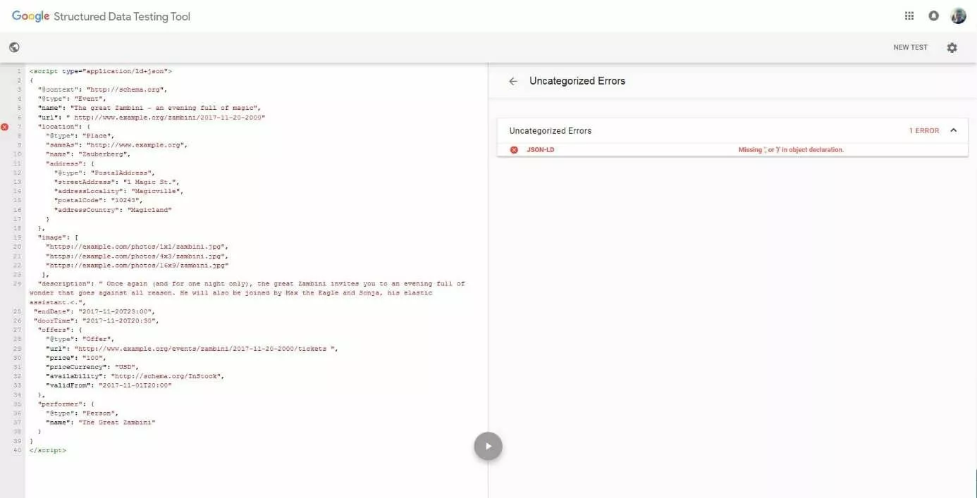 Image: Google Structured Data Testing Tool after validation: syntax error located