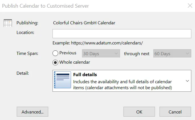 Image: Outlook dialog window: ‘Publish Calendar to Customised Server’
