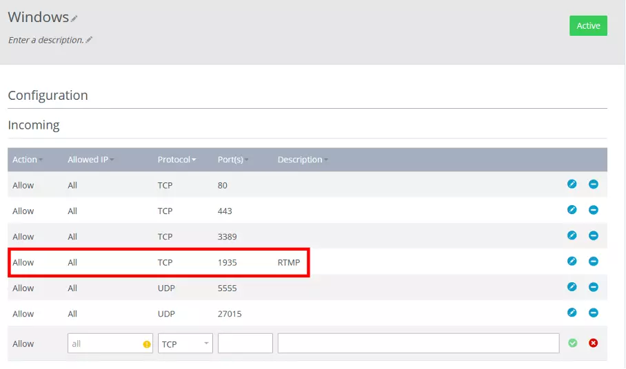 Image: Firewall setting of the server with shared port for RTMP