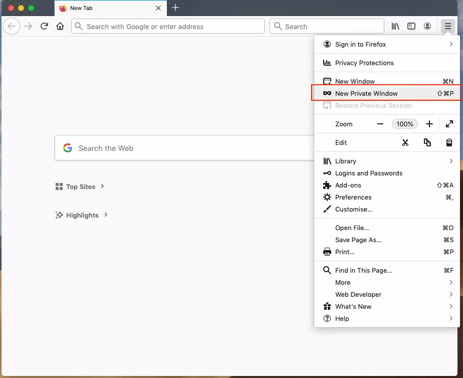 Image: Select “New Private Window” in Firefox via the menu