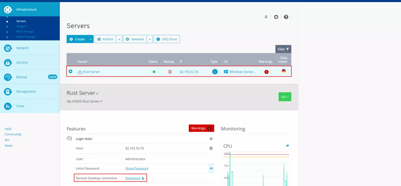 Image: IONOS Cloud Panel: Rust server access data and information