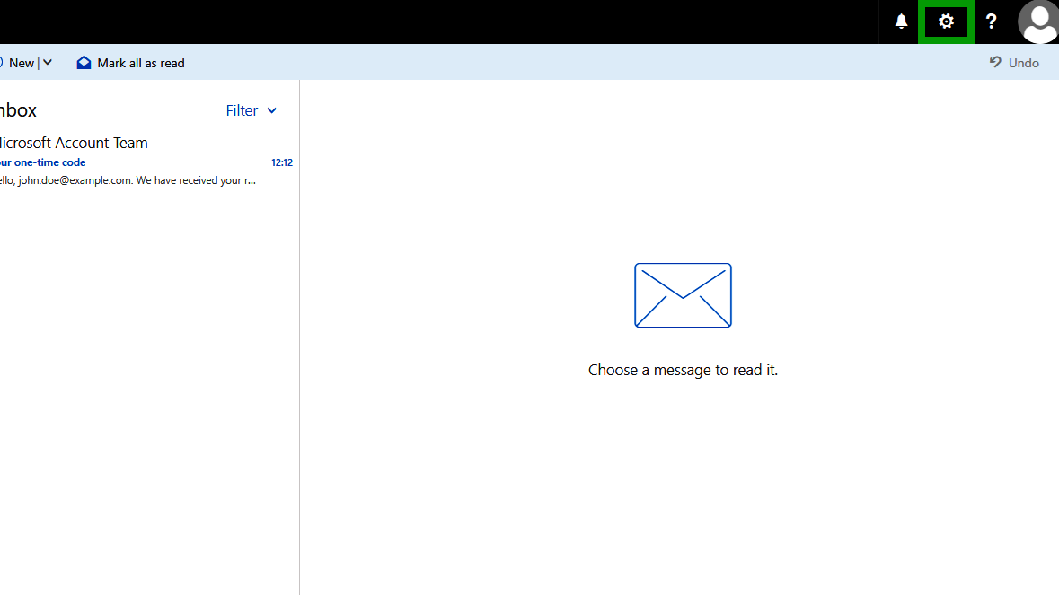 The Outlook Web App with the Settings menu highlighted.