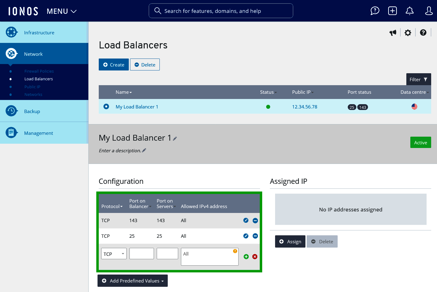 Screenshot: The Load Balancers page is displayed in the Cloud Panel. On this page, the section containing the load balancer description is highlighted.