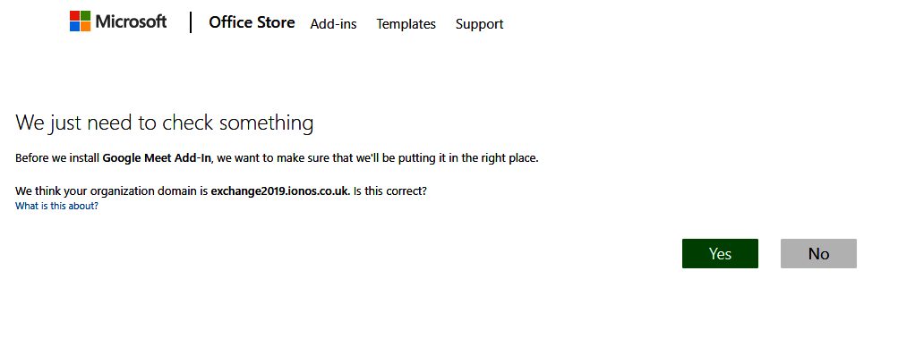 The We just need to check something page during the installation process of an add-in in the Outlook Web App.