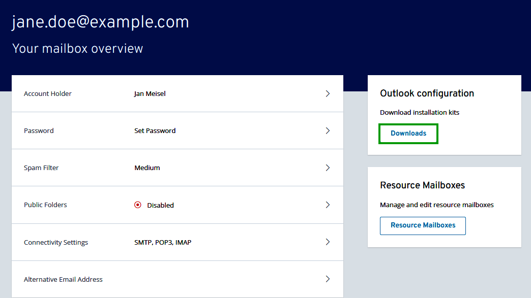 Screenshot of the Your Mailbox Overview page. On this page, the Downloads button is highlighted.