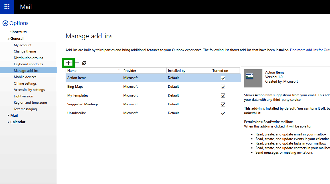 The plus symbol is highlighted on the Manage add-ins page in the Outlook Web App.