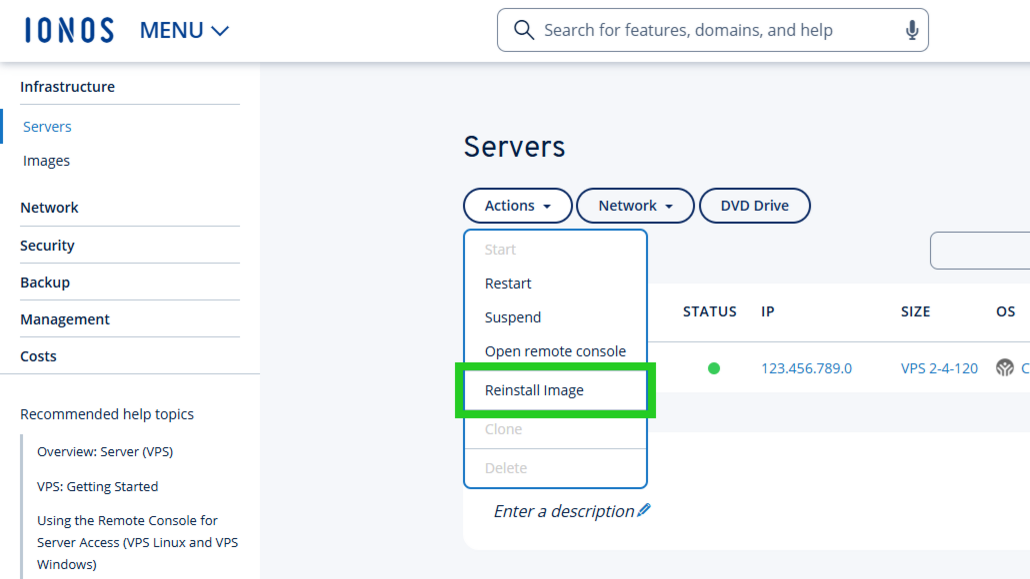 The Reinstall Image option is highlighted in the Actions menu.