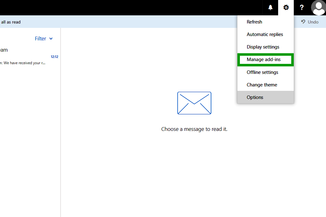 The Manage add-ins option is highlighted within the Settings menu in the Outlook Web App.