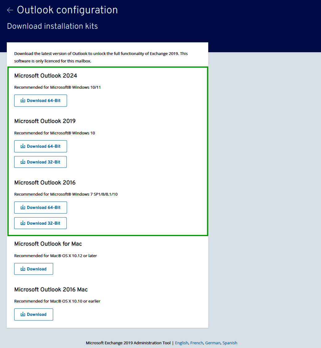 Screenshot of the Download the latest version of Outlook page showing different Outlook versions for Microsoft Windows.
