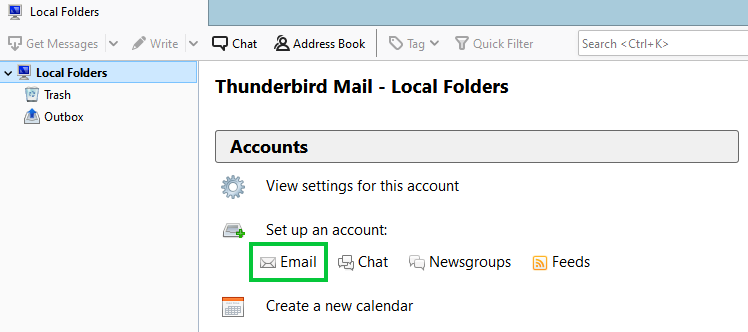 Thunderbird Startup Screen with Set up Email highlighted