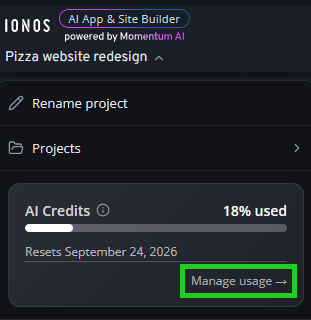 Manage usage is highlighted in the AI App & Site Builder drop-down menu.