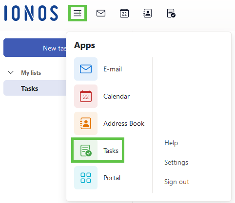 IONOS Webmail with the Tasks menu option highlighted with the Webmail components menu.