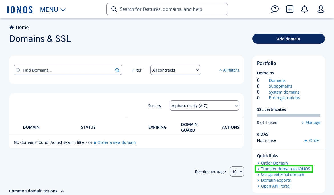 The Domains & SSL section of the IONOS account, with the Transfer domain to IONOS link highlighted.