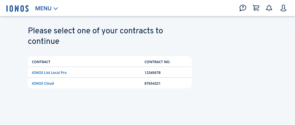 A list of example contracts within the IONOS account.